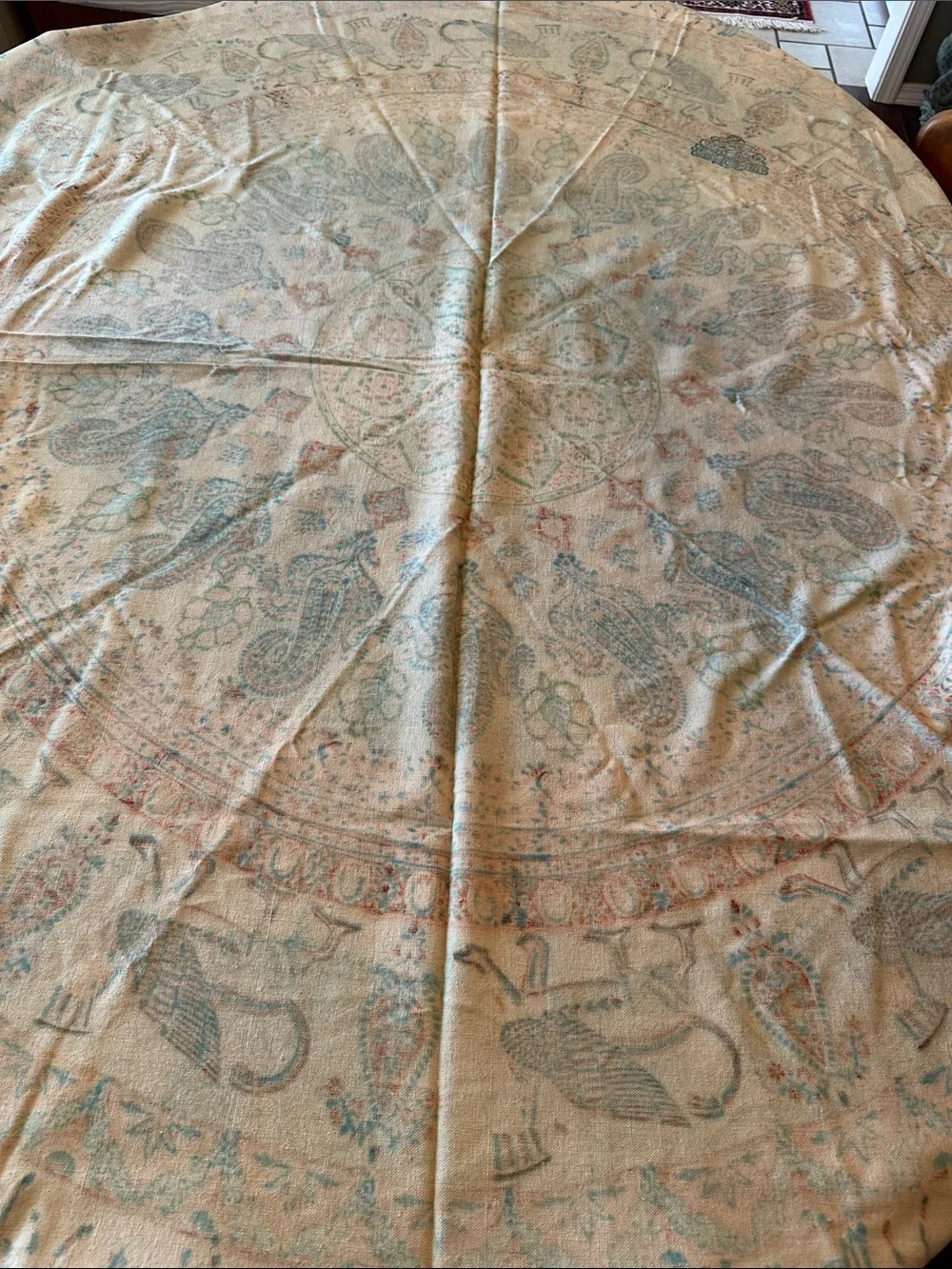 SIGNED Vintage Persian Ghalamkar Hand Block Print Round Tablecloth 80”